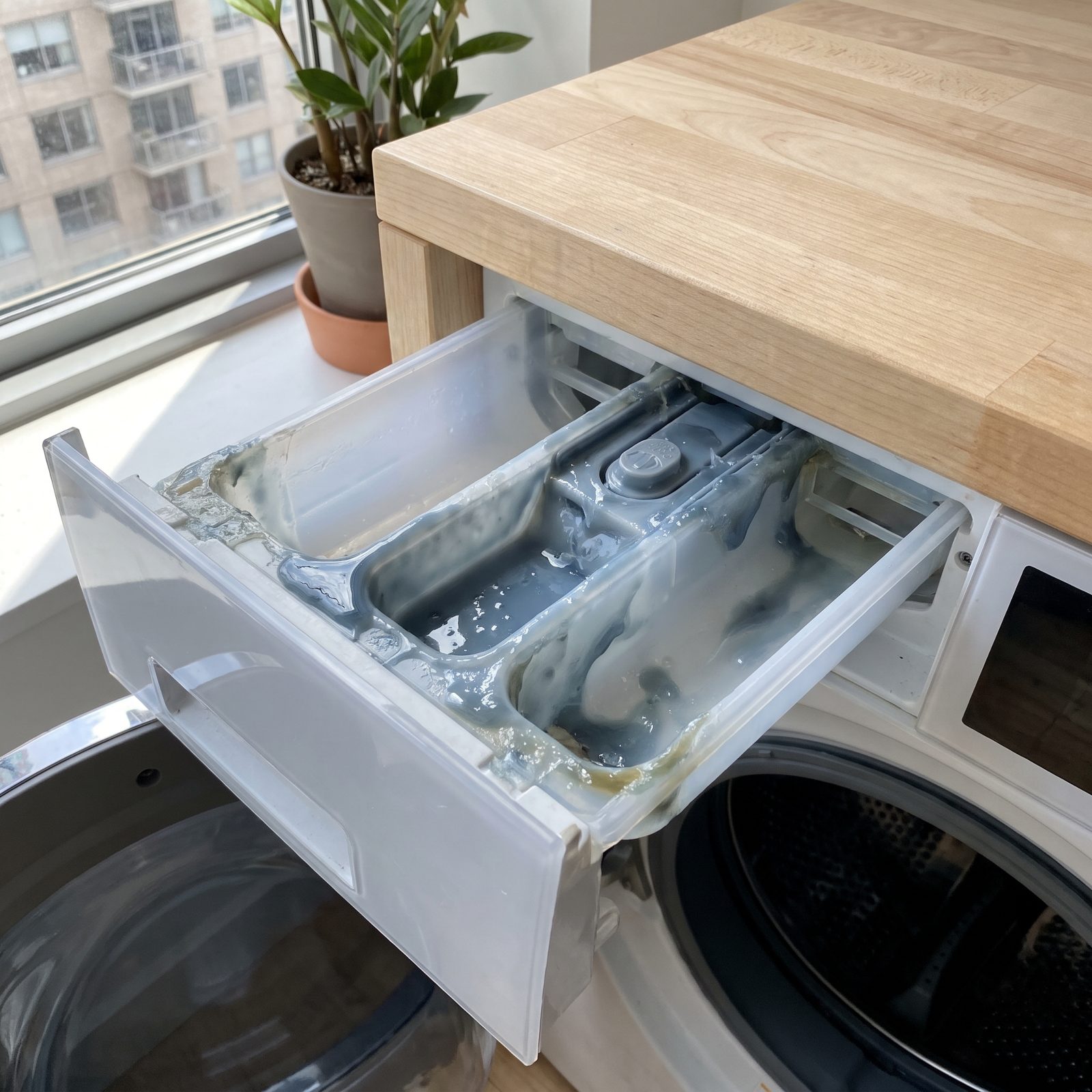 The Washing Machine Detergent Drawer, Softener Leaves a Sticky Film