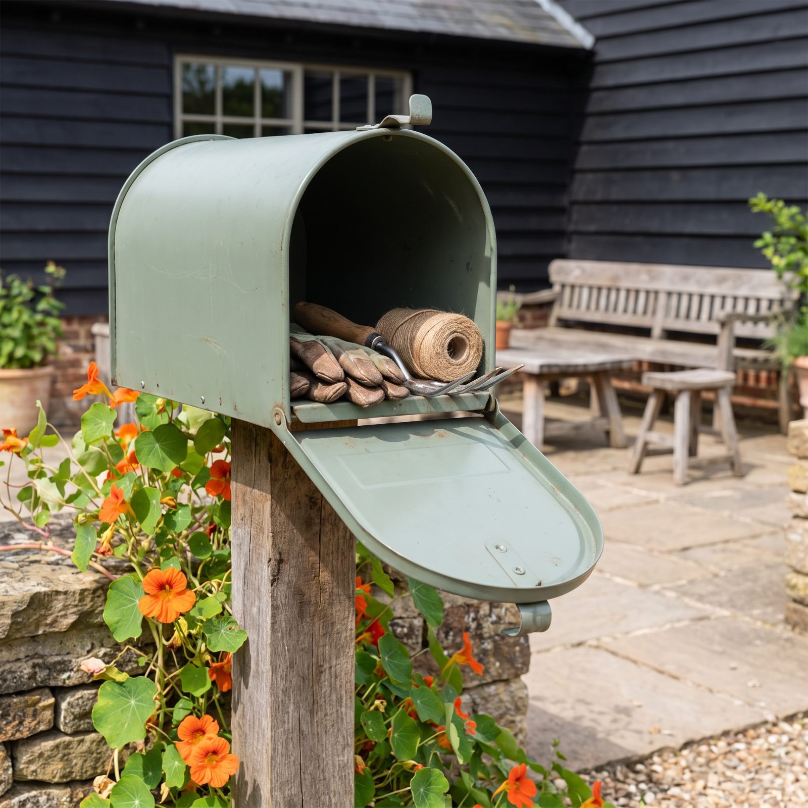A Weatherproof Mailbox Used as a Garden Tool Cache