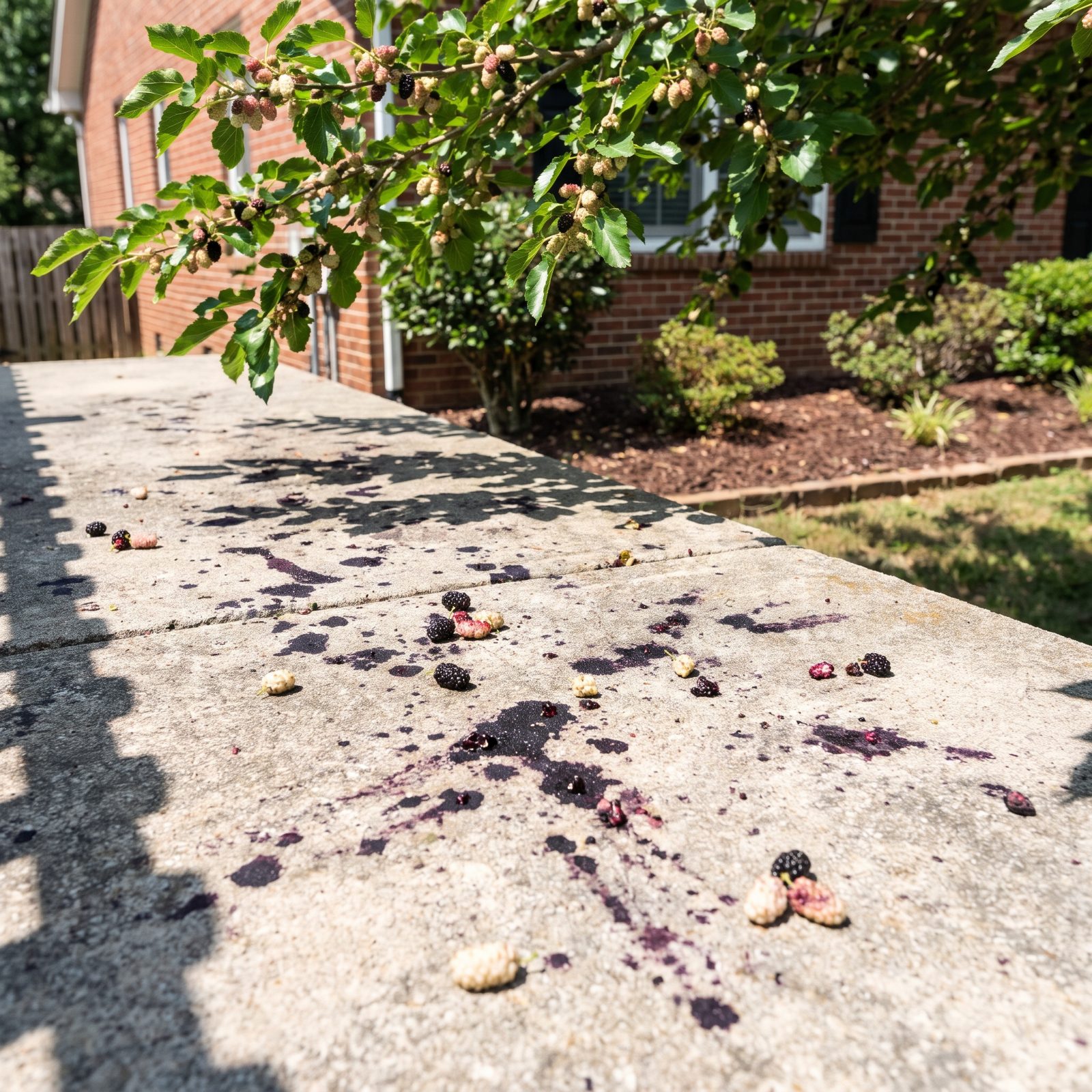 White Mulberry: Sweet Fruit, Stained Concrete, and Roots Near the Surface
