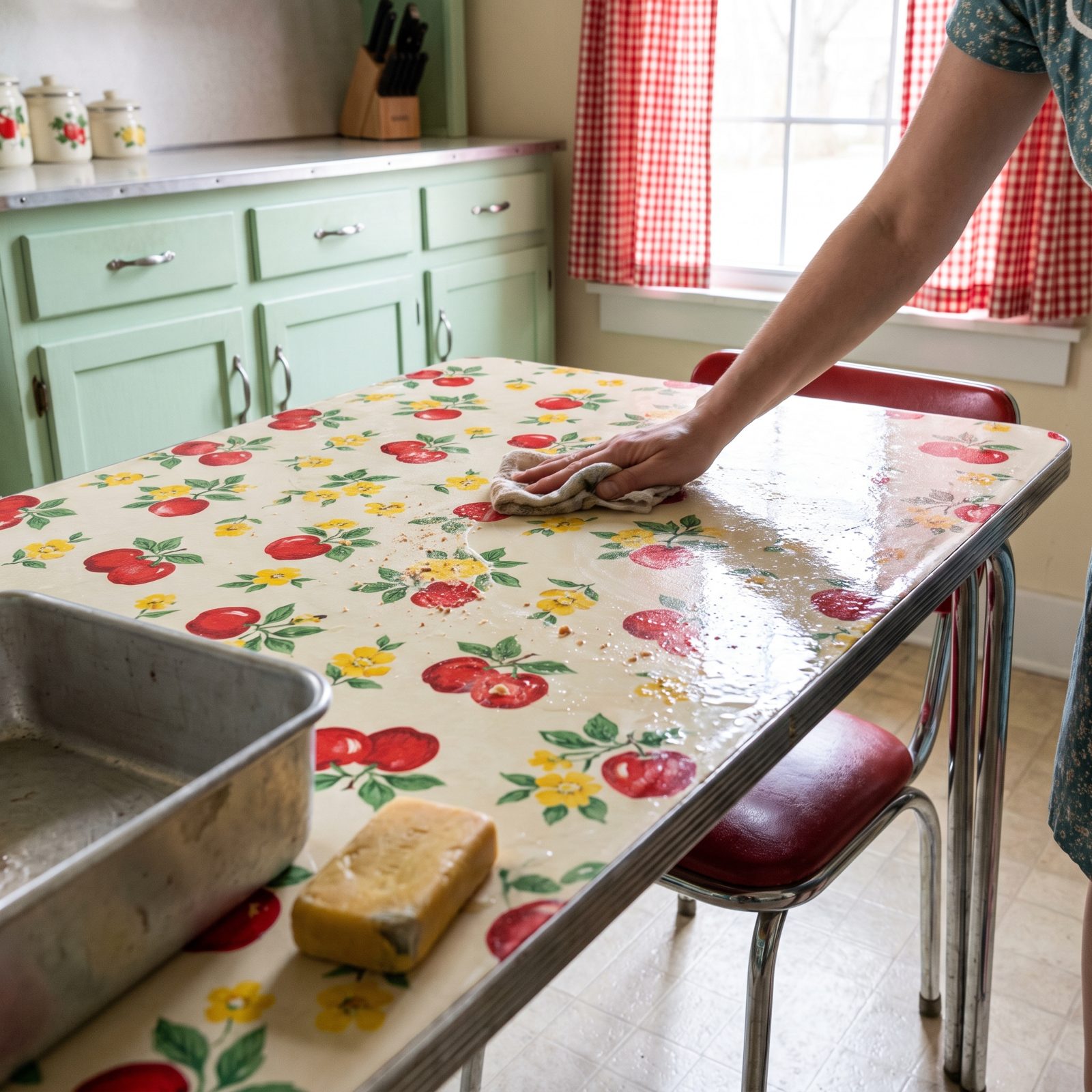 Wiping Down the Oilcloth Covering the Kitchen Table