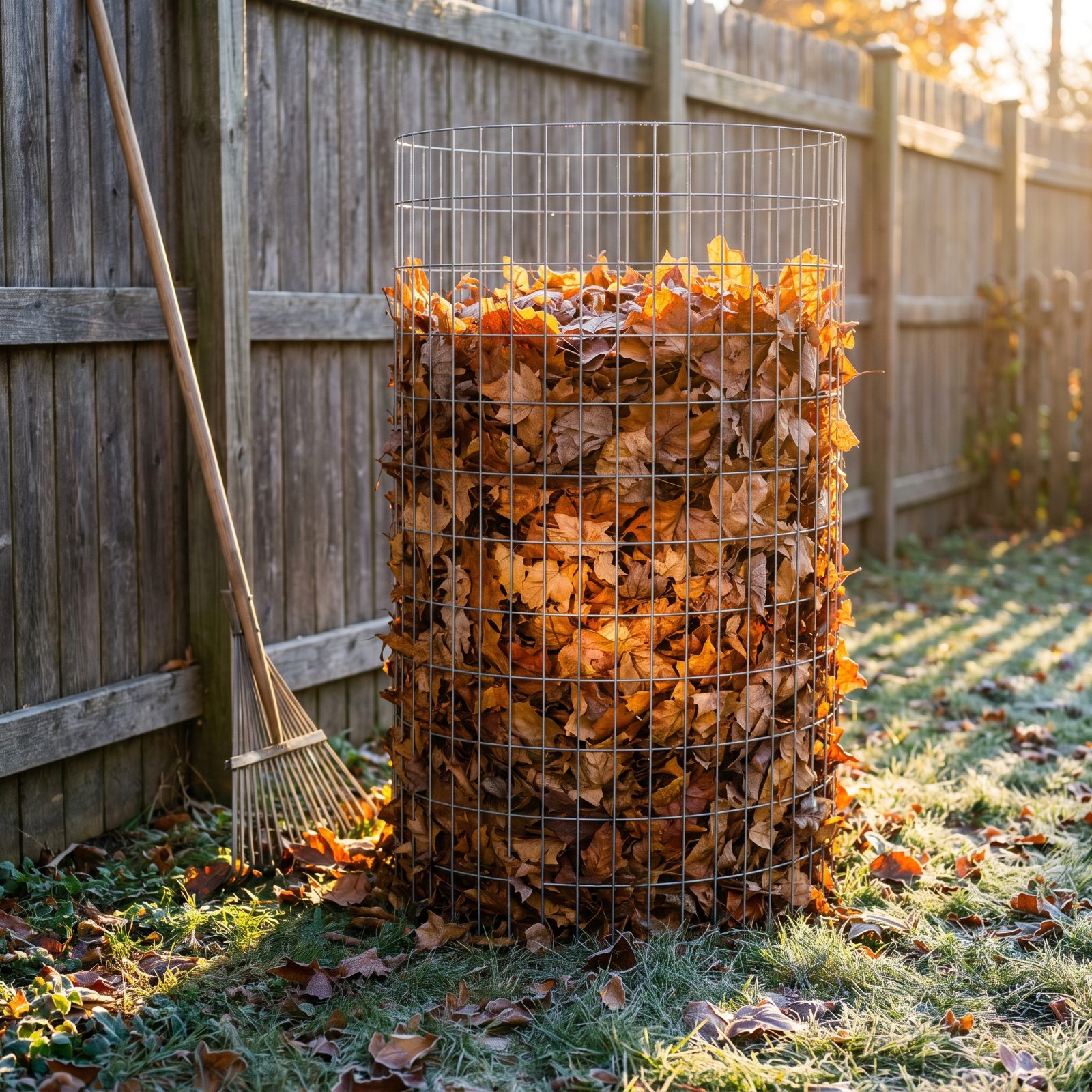 A Wire Leaf-Mold Cage That Stores Autumn Leaves Neatly